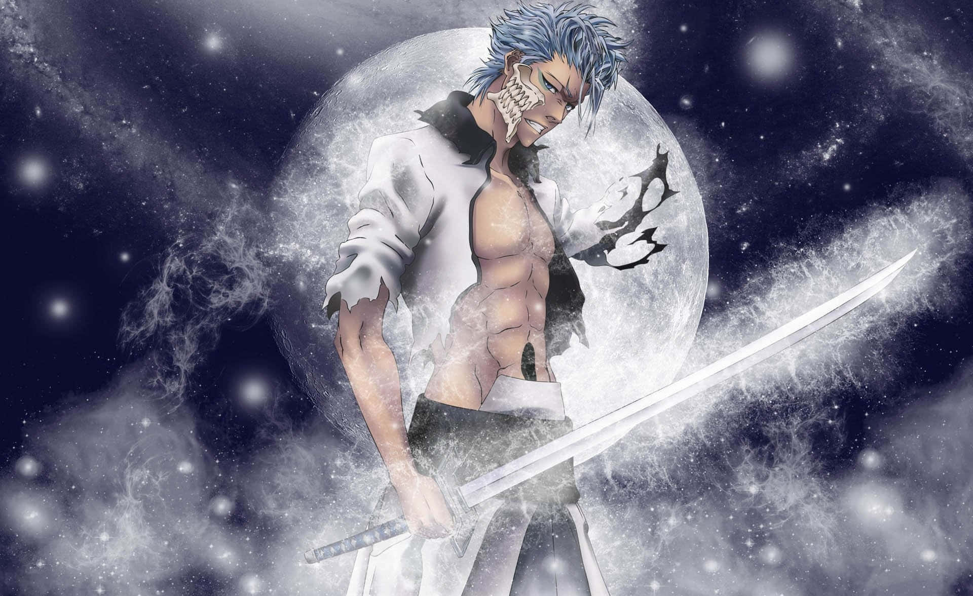 Grimmjow Jaegerjaquez 桌布 壁紙 — 一位藍髮動漫戰士戴著骷髏面具，在星光月夜下揮舞著發光的劍。