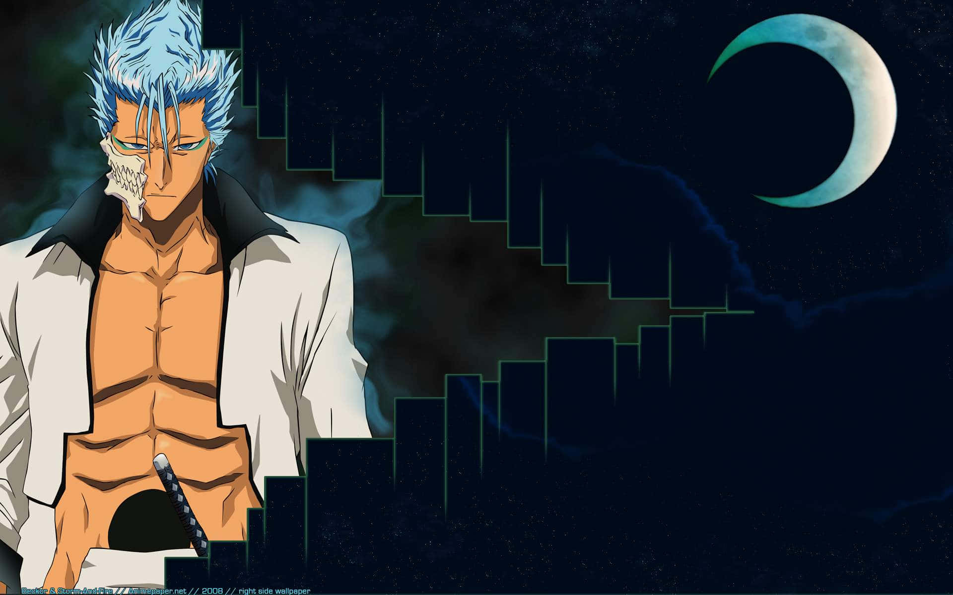 Grimmjow Jaegerjaquez 桌布 壁紙 — 一位藍髮動漫戰士戴著骷髏面具，在彎月下的黑暗城市天際線前站立。