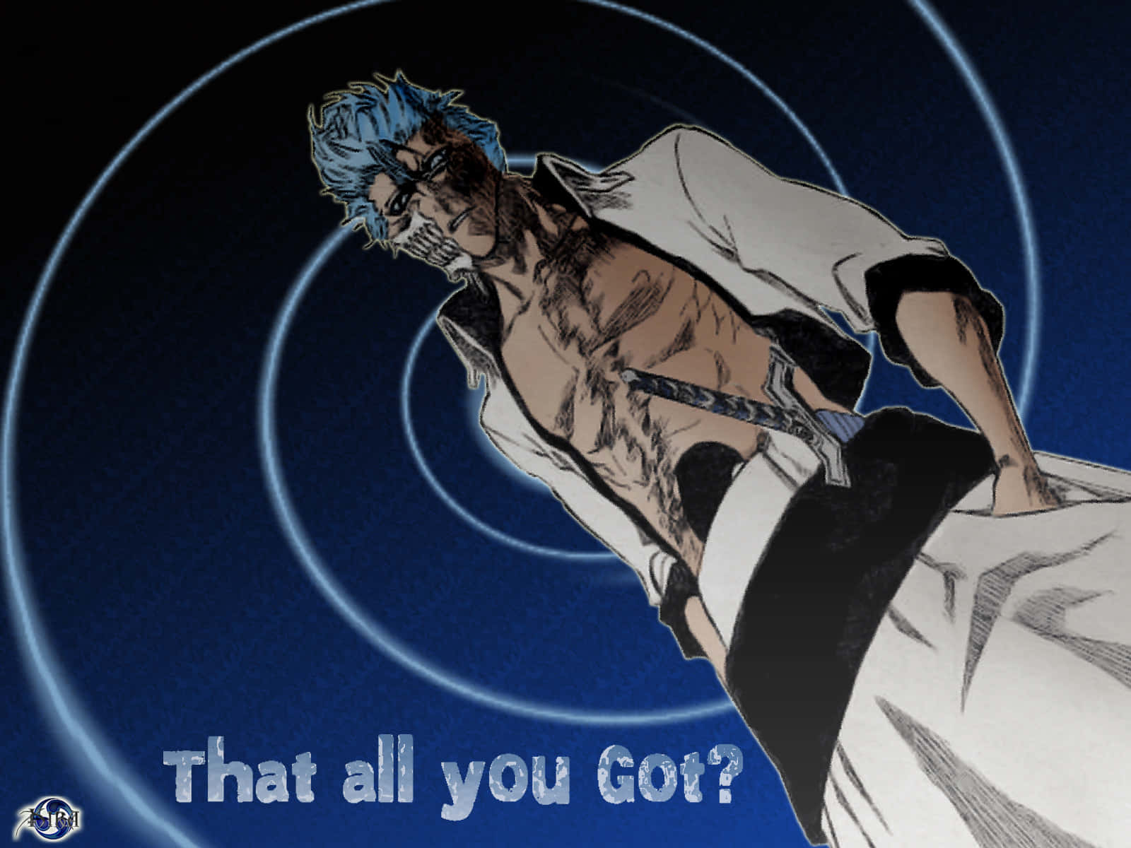 Grimmjow Jaegerjaquez 桌布 壁紙 — 一位藍髮動漫戰士穿著破爛的白色長袍，在深藍色背景上帶有發光同心圓的襯托下，挑釁地站立著。