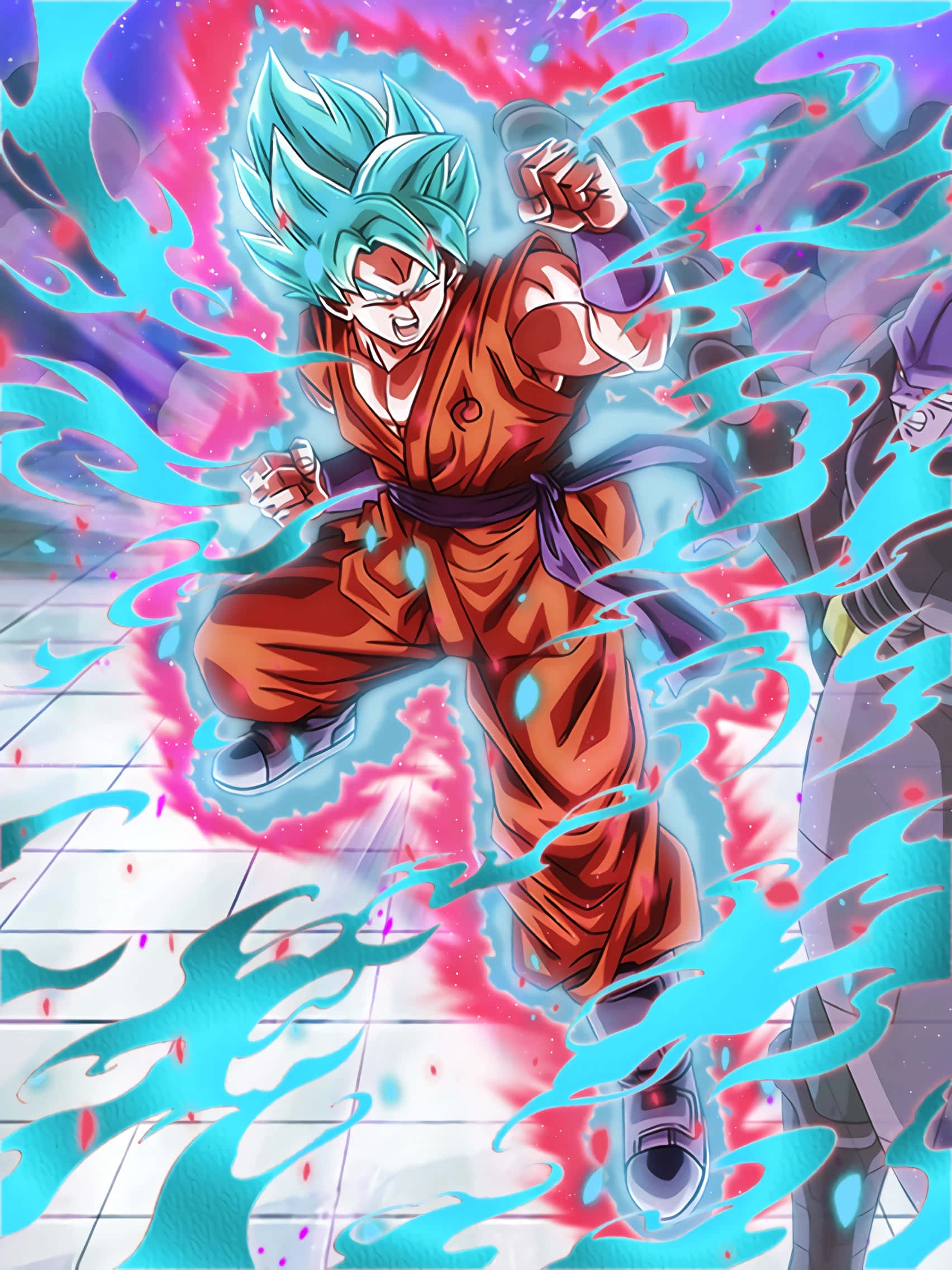 Goku Kaioken 桌布 壁紙 — 一位藍髮動漫戰士身穿橙色道服，在粉紅和紫色宇宙背景下釋放出青色能量衝擊波。