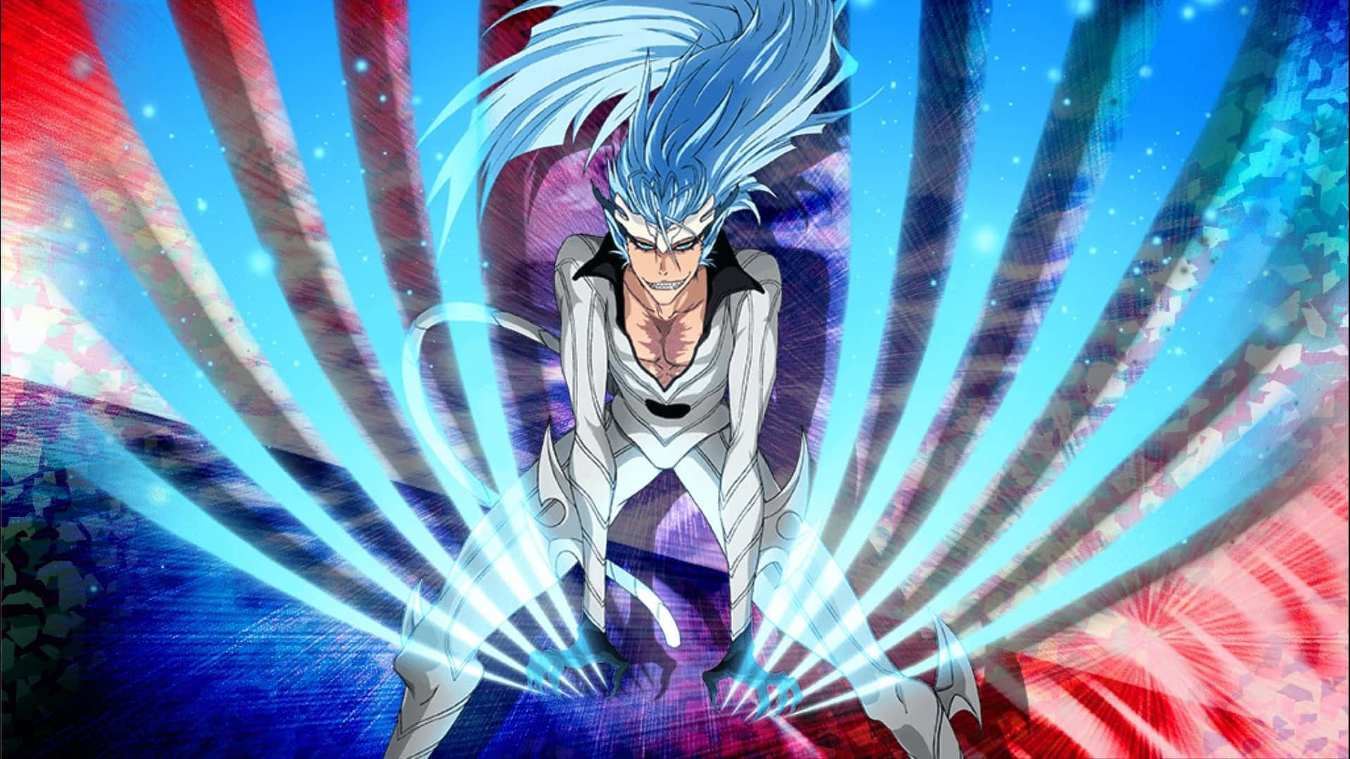 Grimmjow Jaegerjaquez 桌布 壁紙 — 一位藍髮動漫戰士身穿白色盔甲，在充滿活力的紅藍抽象背景前釋放出發光的藍色能量光束。