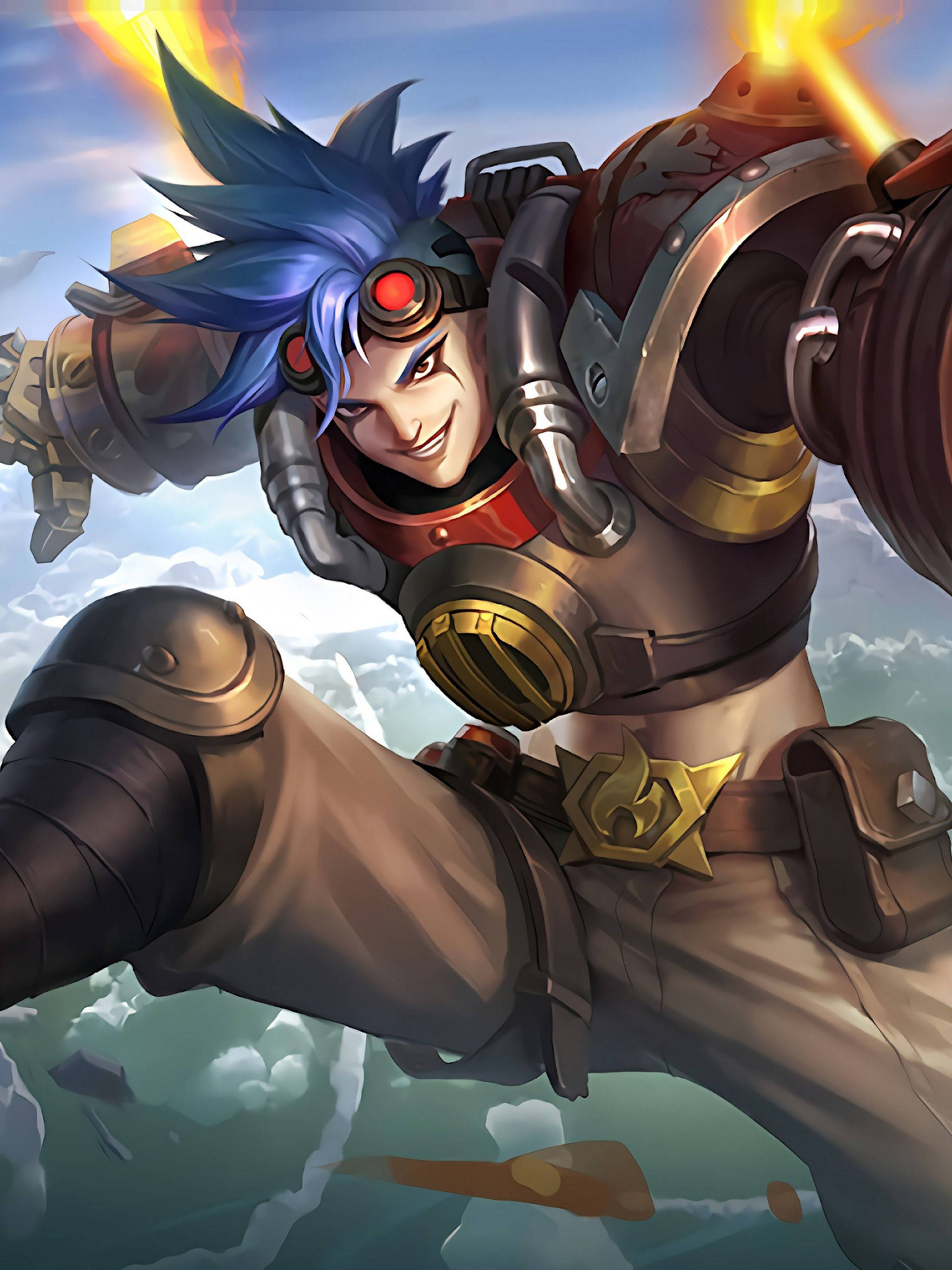 Mobile Legends 桌布 壁紙 — 一位藍髮動漫戰士身穿紅金盔甲，拳頭噴出火焰能量衝擊波，穿過雲層跳躍。