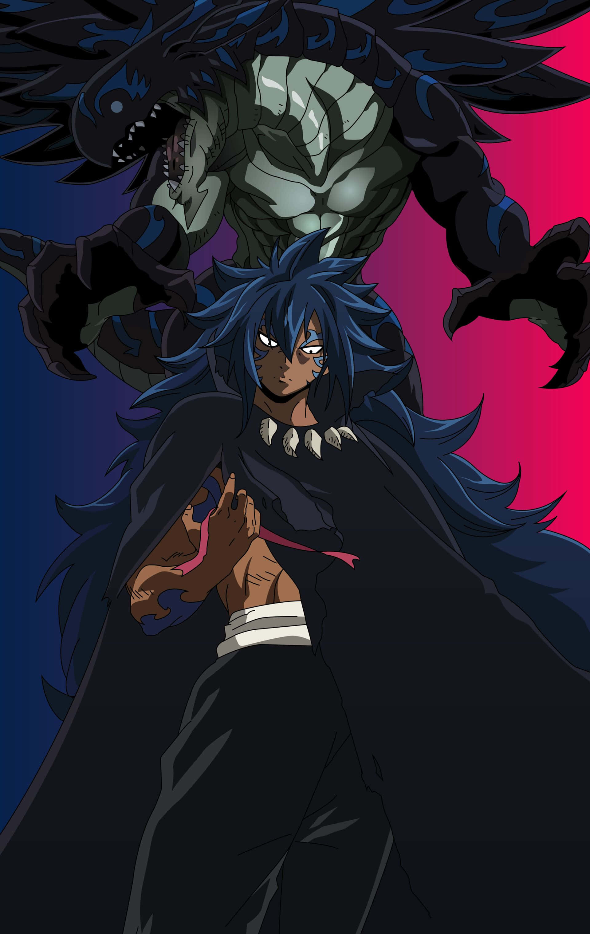 Acnologia 桌布 壁紙 — 一位藍髮動漫戰士身穿黑色斗篷，在充滿活力的粉紅色和藍色背景前，挑釁地站在一隻怪獸般的龍形生物面前。