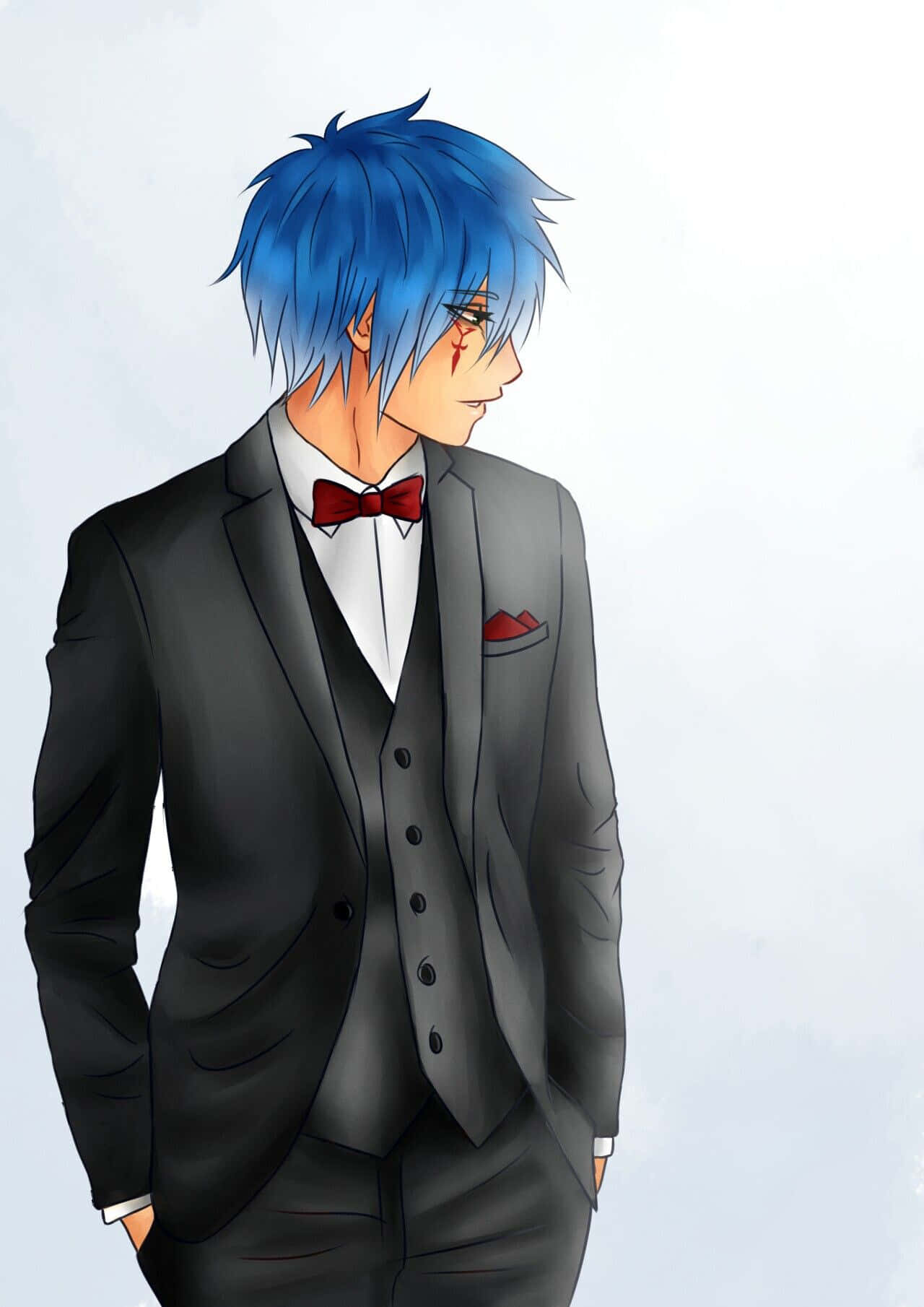 Jellal Fernandes 桌布 壁紙 — 一位藍髮動漫男子身穿俐落灰色西裝，搭配紅色領結和口袋方巾，側身站在柔和的白色背景前。