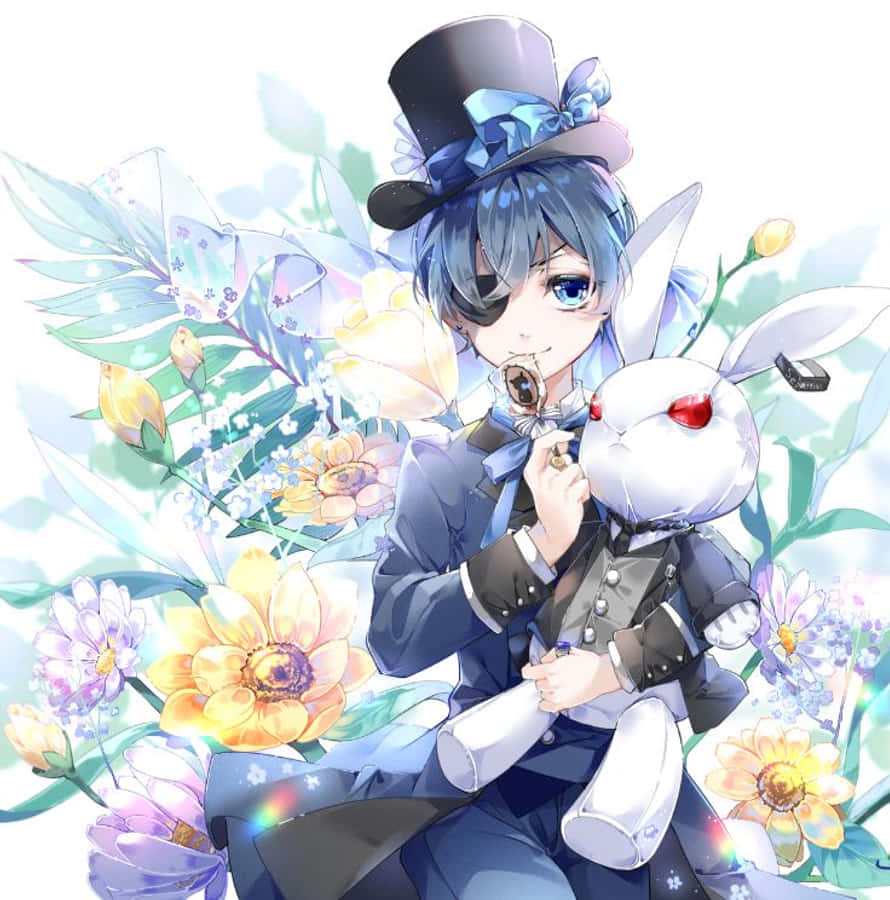 Ciel Phantomhive 桌布 壁紙 — 一位藍髮動漫男孩戴著高帽和眼罩，在鮮花和發光的光芒中抱著一隻白色兔子毛絨玩具。