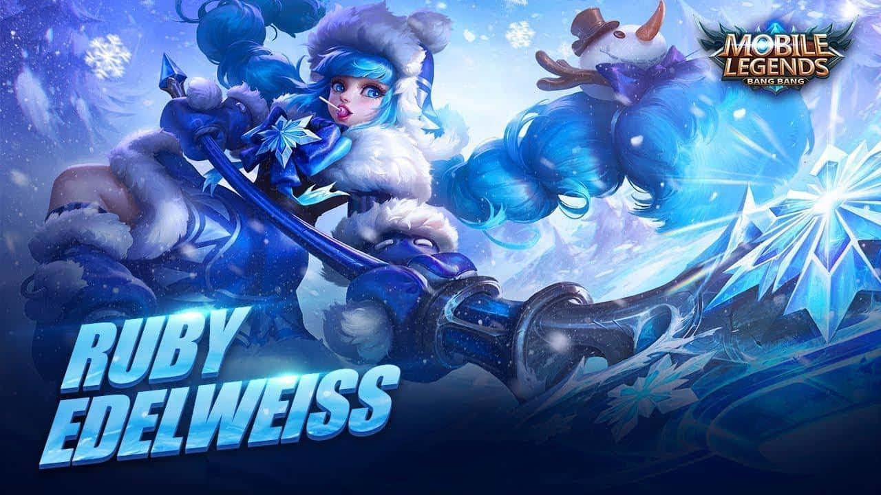 Mobile Legend 桌布 壁紙 — 一位藍髮戰士穿著冬季裝備，在冰霜奇幻場景中與雪人並肩揮舞著發光的冰劍。