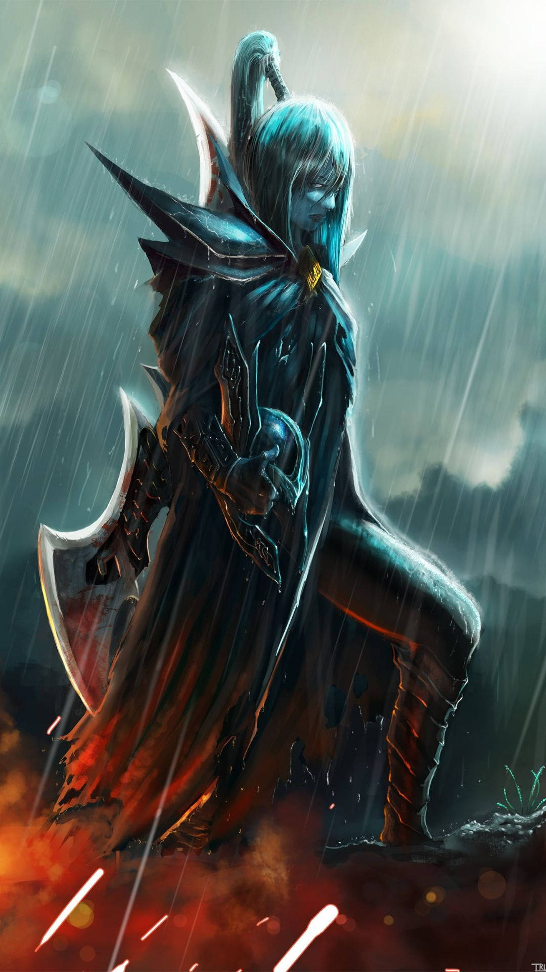 遊戲 桌布 壁紙 — 一位藍髮戰士身穿暗色盔甲，在暴風雨中挑釁地站立，手持發光的斧頭。