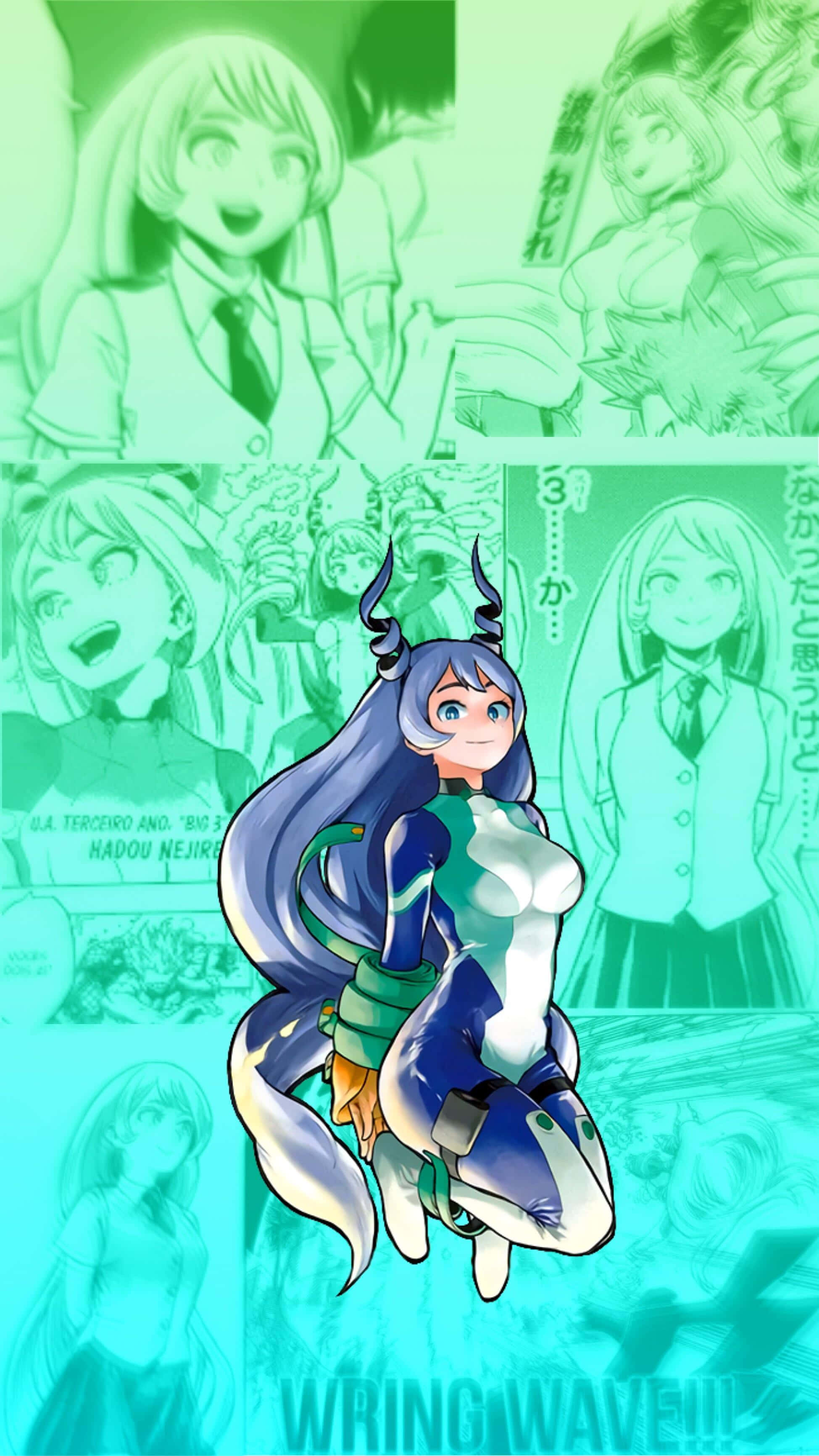 Nejire Hado 桌布 壁紙 — 一位藍髮有角的動漫女孩漂浮在中心，背景是綠色調的漫畫面板拼貼。