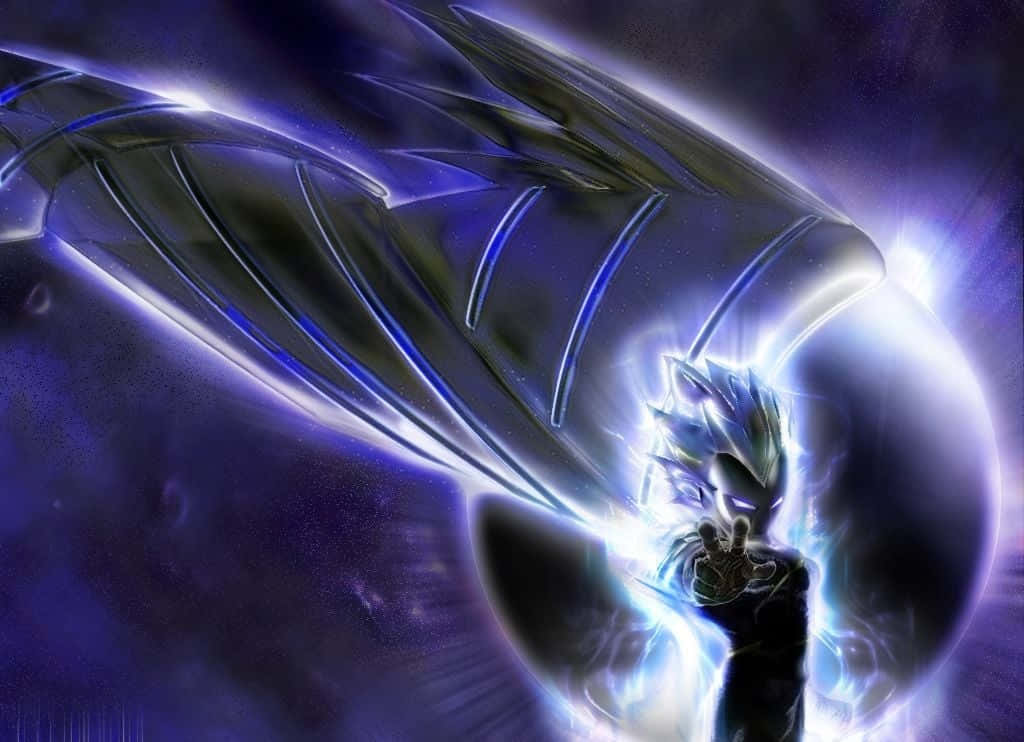 Vegeta Art 桌布 壁紙 — 一位藍髮發光的戰士，擁有金屬翅膀，在宇宙紫色虛空中釋放能量。