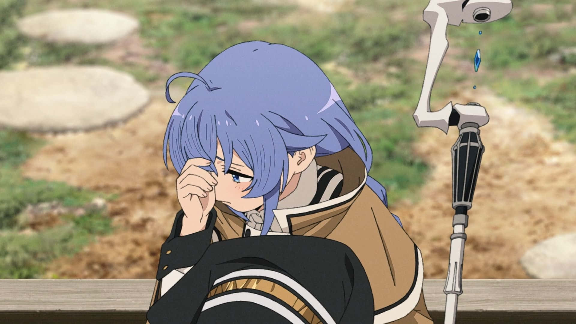 Mushoku Tensei 桌布 壁紙 — 一位藍髮的動漫女孩戴著義肢手臂坐在水龍頭旁，帶著悲傷的表情擦拭眼睛。
