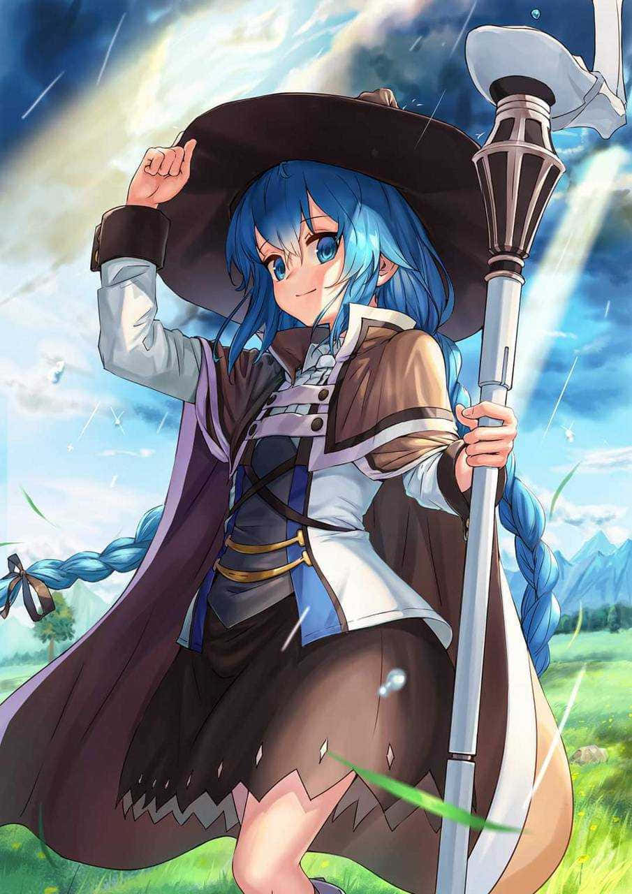 Mushoku Tensei 桌布 壁紙 — 一位藍髮的動漫女巫，戴著寬邊帽，在晴朗的天空下站在草地上，手持法杖。