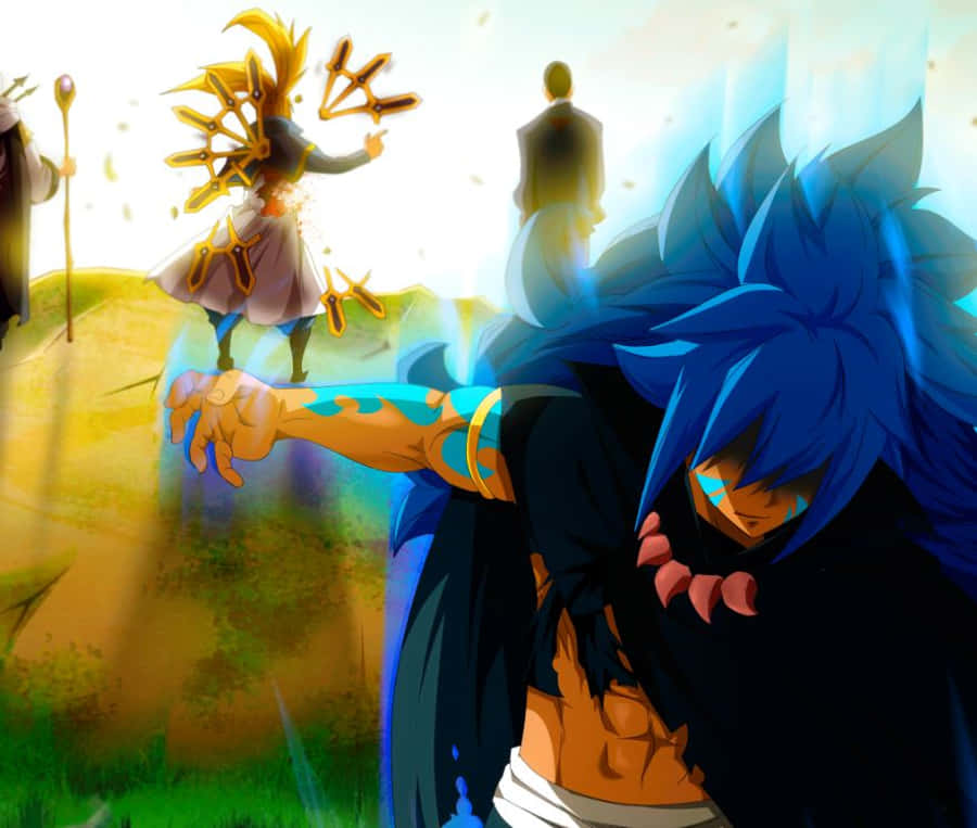 Acnologia 桌布 壁紙 — 一位藍髮的動漫戰士，身上有發光的紋身，在陽光明媚的田野中向一個揮舞著星形魔法的金色光芒人物伸出手臂。