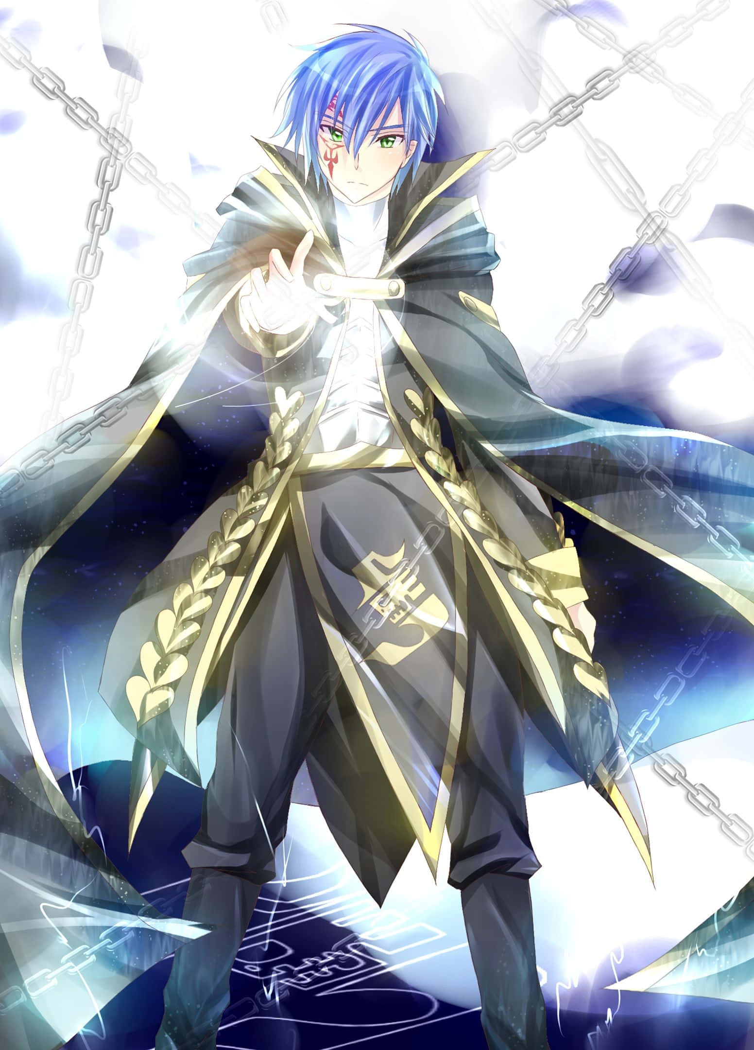 Jellal Fernandes 桌布 壁紙 — 一位藍髮的動漫戰士，身穿金邊斗篷，在發光的鎖鏈和神秘能量中傲然站立。