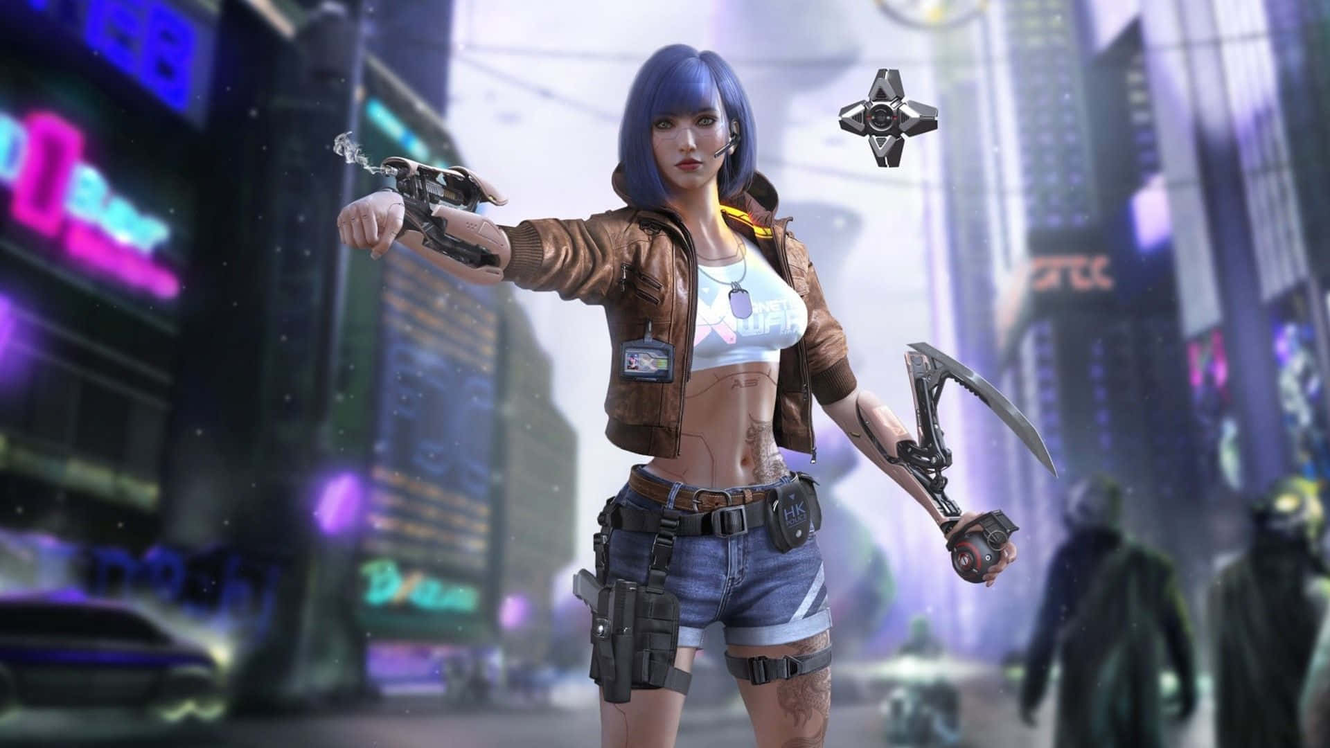 Cyberpunk 2077 Characters 桌布 壁紙 — 一位藍髮的賽博龐克女性在夜晚霓虹燈閃爍的城市小巷中揮舞著未來武器。