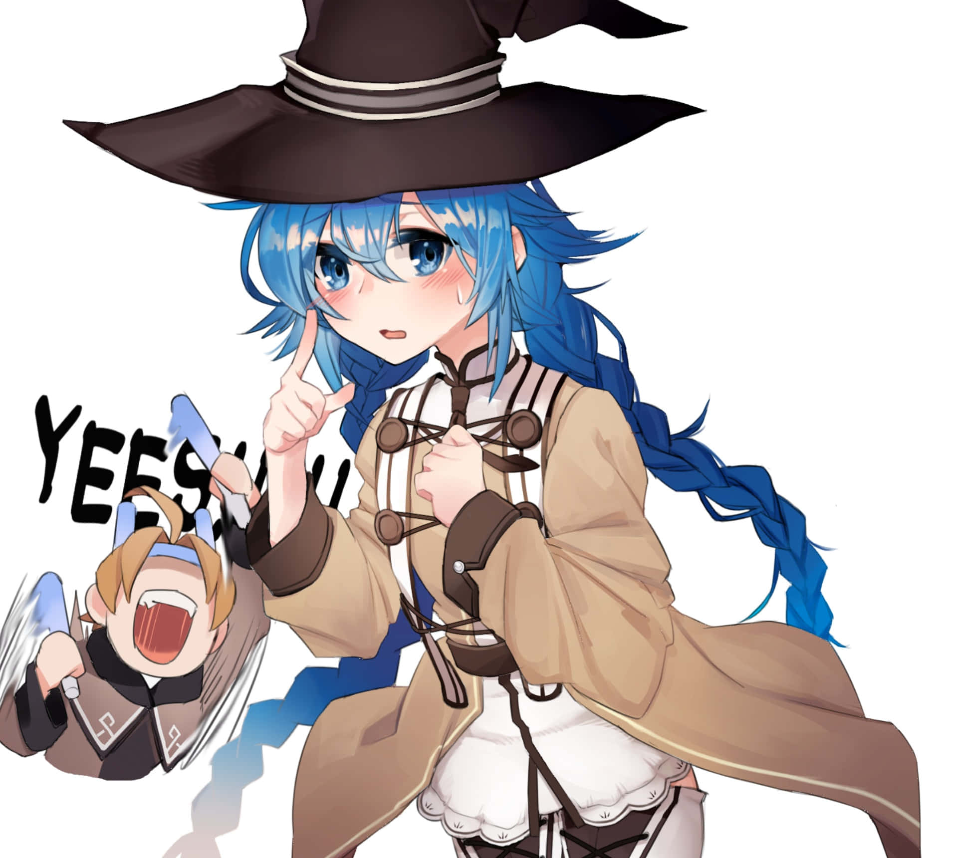 Mushoku Tensei 桌布 壁紙 — 一位藍髮的開心動畫女巫，戴著棕色帽子和外套，頑皮地指著，旁邊一個小翅膀男孩大喊「YEEESSHH！」