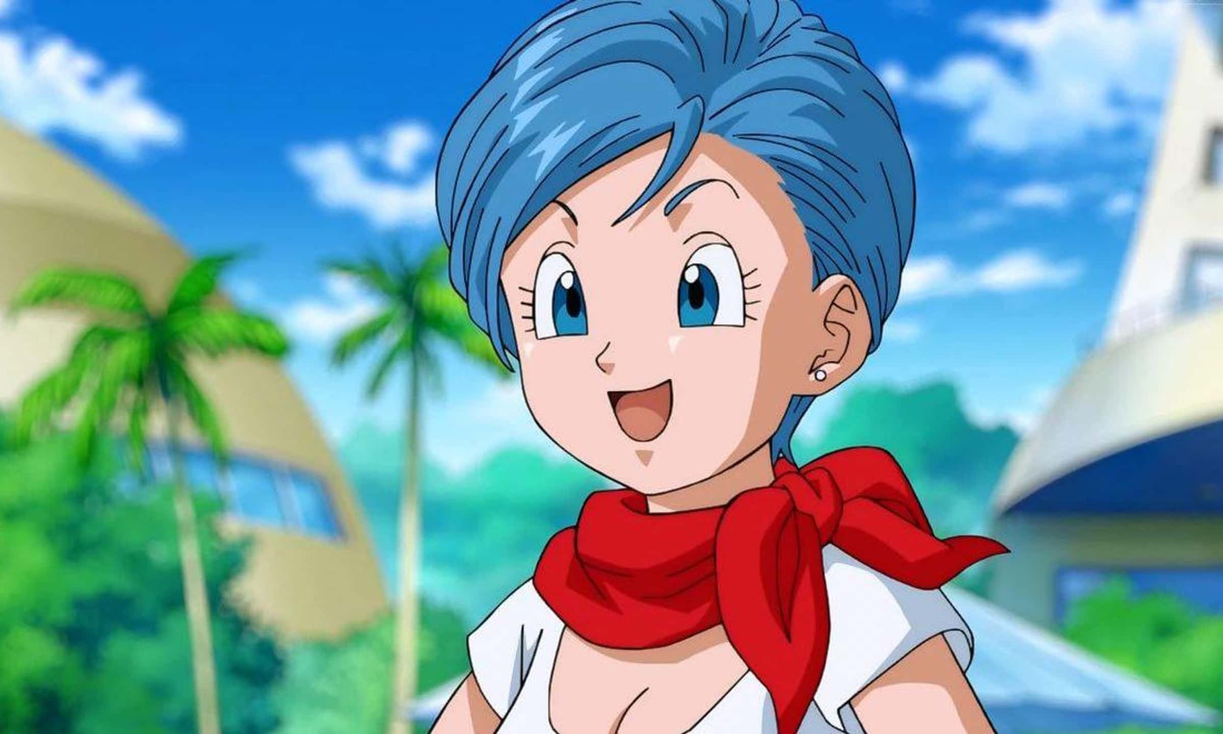 Vegeta's Family 桌布 壁紙 — 一位藍髮紅圍巾的開朗動漫女孩，在陽光明媚的熱帶背景中，棕櫚樹下燦爛微笑。