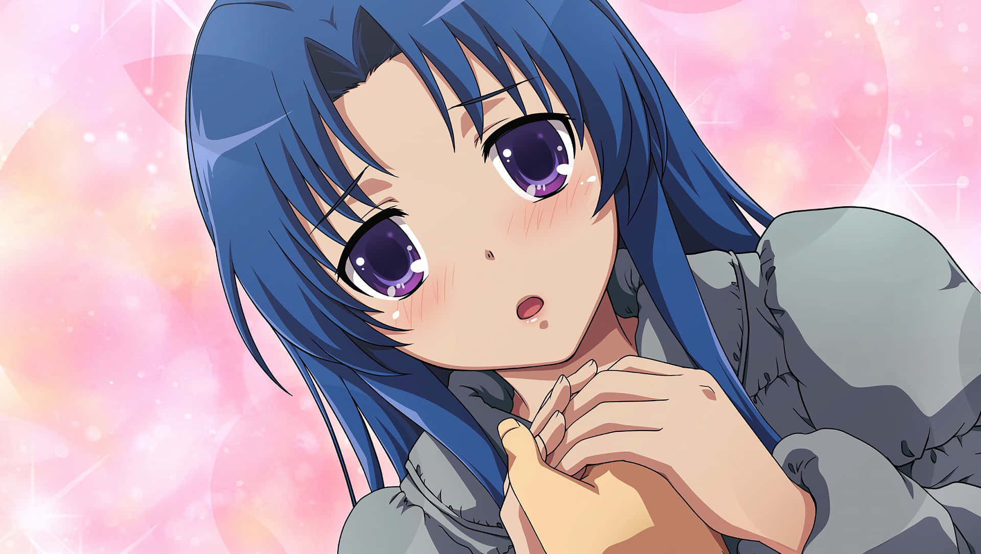 Ami Kawashima 桌布 壁紙 — 一位藍髮紫眼的動漫女孩在閃爍的粉紅和橙色背景前顯得驚訝。