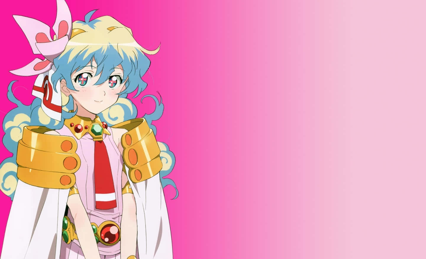 Nia Teppelin 桌布 壁紙 — 一位藍髮金甲的開朗動漫女孩在充滿活力的粉紅色漸變背景上微笑。