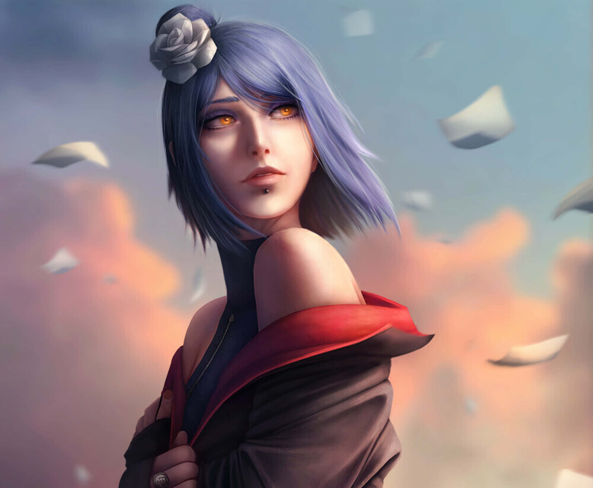 Konan 桌布 壁紙 — 一位藍髮金眼的動漫女孩，頭髮上插著一朵白玫瑰，站在夕陽天空下，紙張在她周圍飄揚。