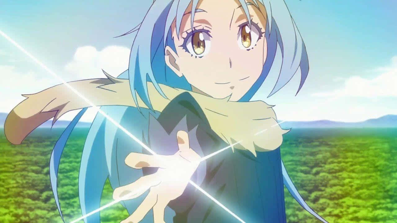 That Time I Got Reincarnated As A Slime 桌布 壁紙 — 一位藍髮金眼的動漫女孩在陽光明媚的綠色田野中微笑著施展發光的魔法。