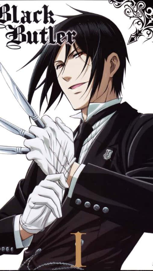 sebastian michaelis 桌布 壁紙 — 一位衣著講究的動畫管家，黑髮白手套，在純白背景前拿著多把刀，臉上帶著得意的笑容。