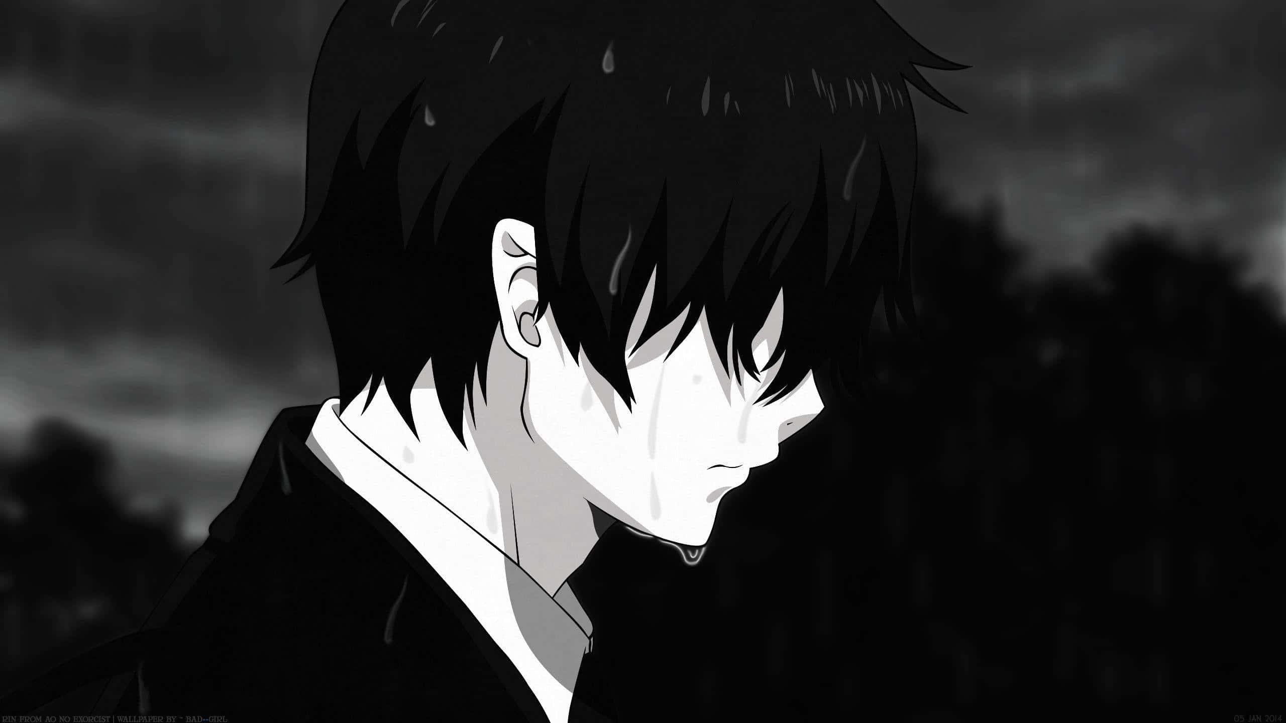 一位表情深沉的少年獨自站在房間中 壁紙 — 一個憂鬱的動漫男孩，黑髮，淚水劃過臉龐，站在黑暗、下雨、灰階的場景中。