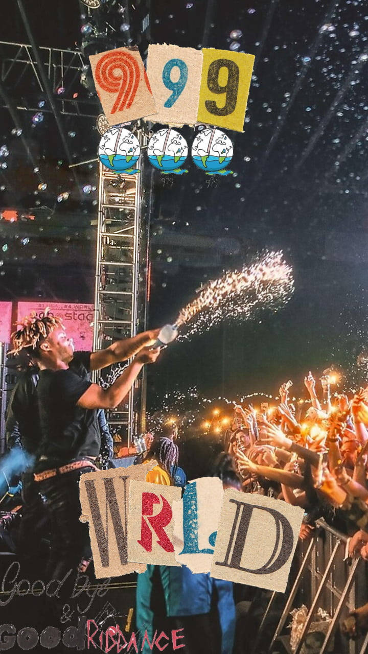 Juice WRLD 桌布 壁紙 — 一位表演者夜晚在舞台上向空中噴灑閃粉，粉絲們在星空下舉起發光的手機。
