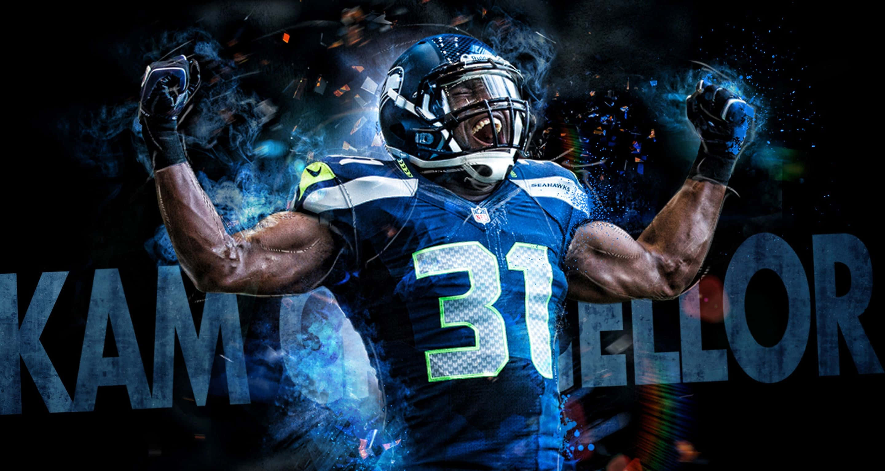 Cool Football 桌布 壁紙 — 一位西雅圖海鷹隊的美式足球員身穿藍色31號球衣，在黑暗煙霧背景中閃爍粒子下，舉起拳頭怒吼。
