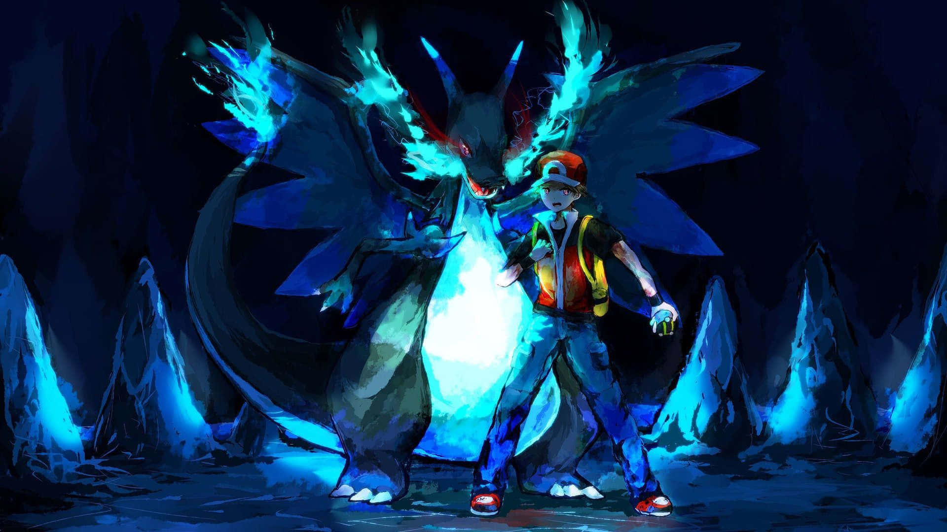 Pokemon Characters 桌布 壁紙 — 一位訓練師站在一條發光的藍色龍旁邊，身處黑暗的冰洞中，周圍有鋸齒狀的山峰。