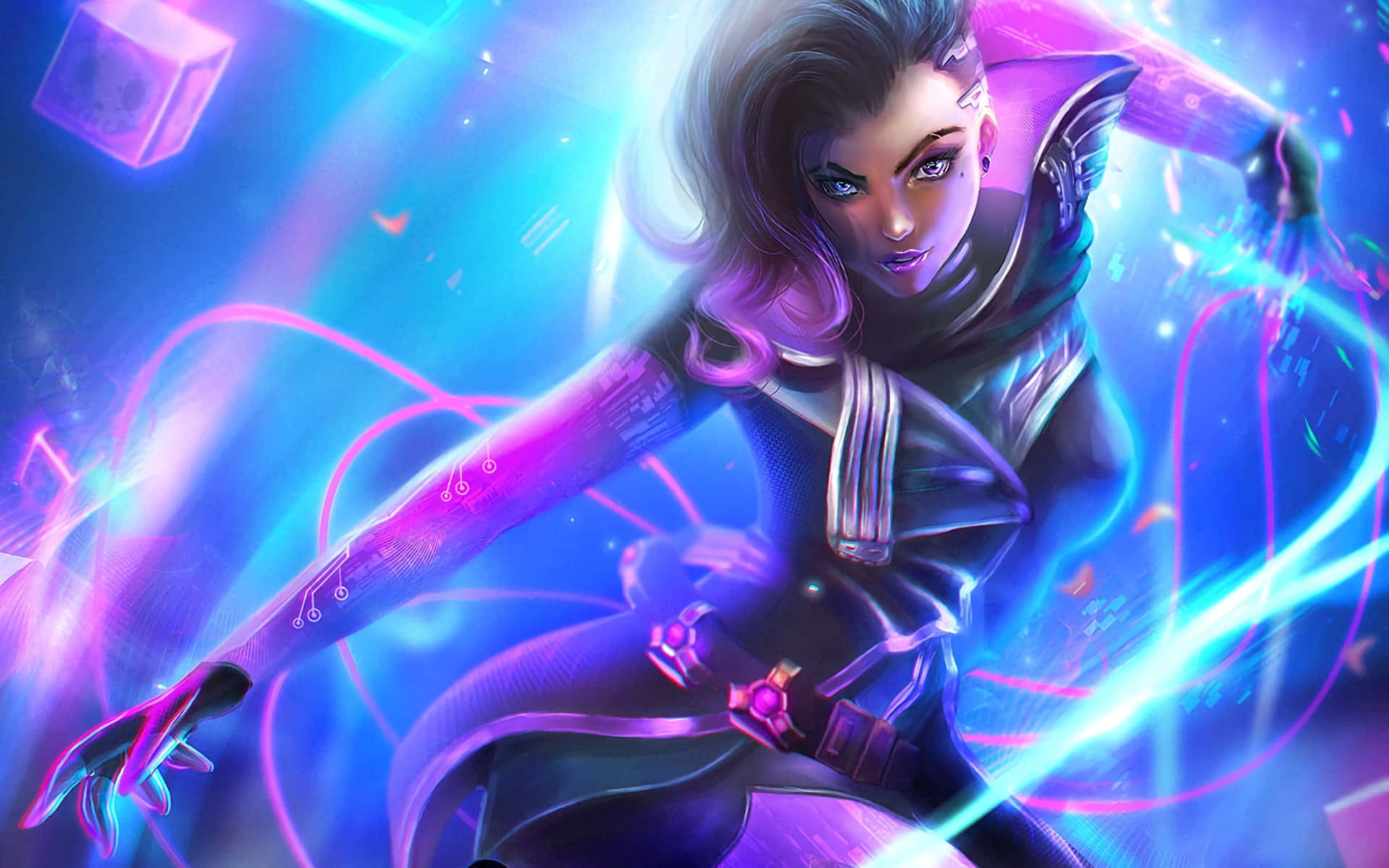 Overwatch Sombra 桌布 壁紙 — 一位賽博龐克戰士，發光的紫色和藍色能量流環繞著她未來風格的裝甲。