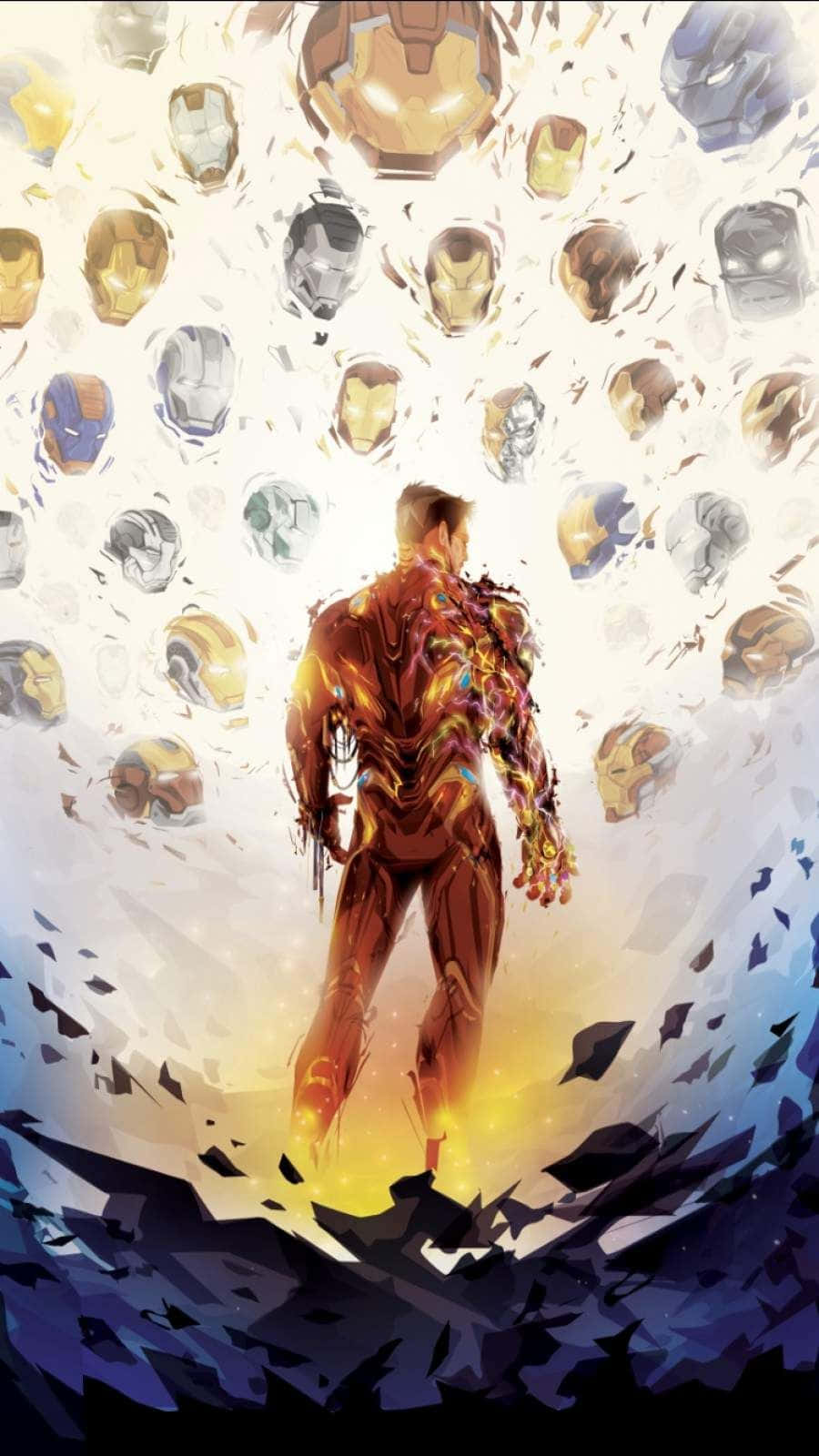 Iron Man Fan Art 桌布 壁紙 — 一位超級英雄背光站在破碎天空背景下漂浮的鐵甲奇俠頭盔的耀眼爆炸中。