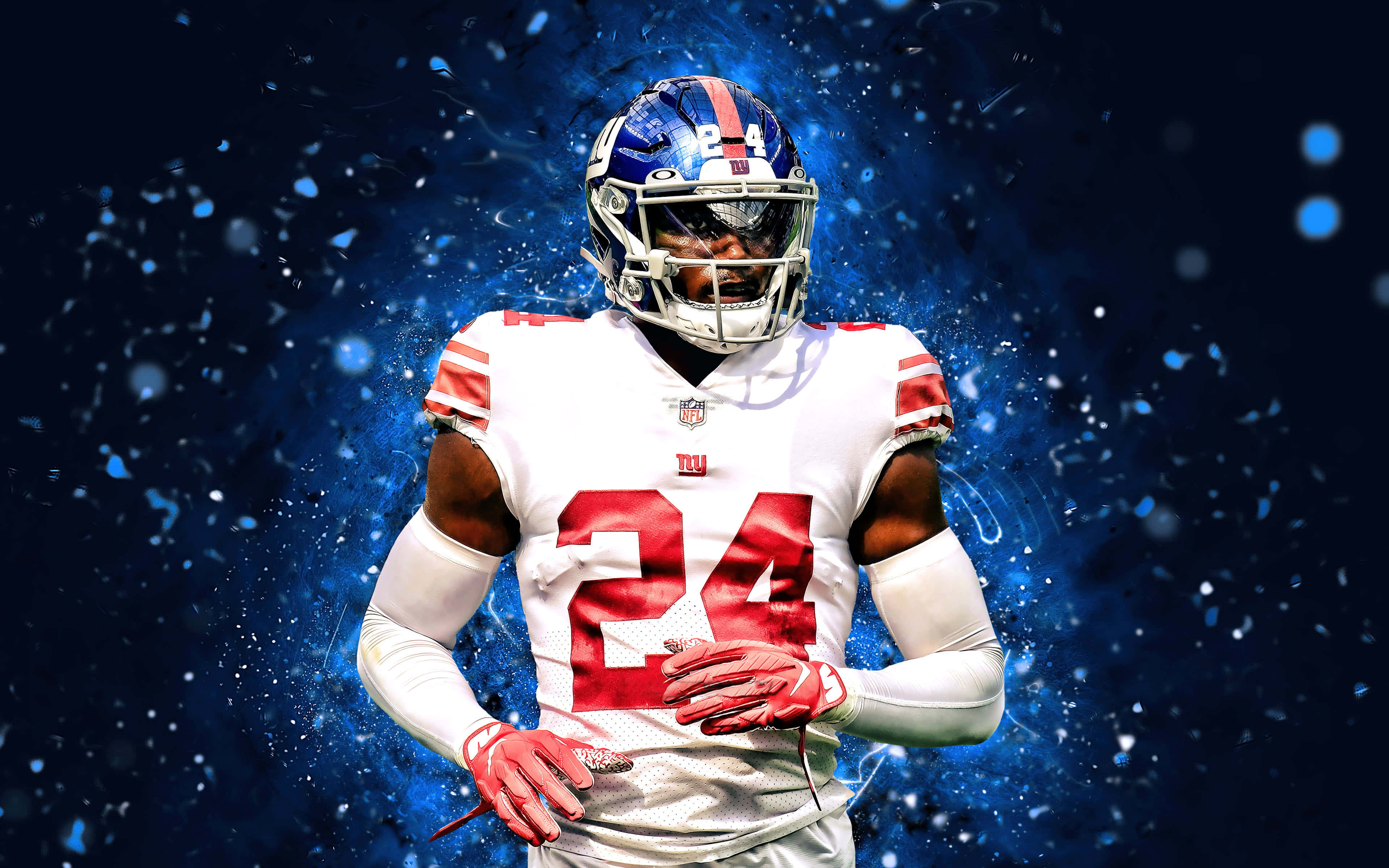 James Bradberry 桌布 壁紙 — 一位身穿24號球衣的紐約巨人隊美式足球員，在充滿動感的藍色粒子背景前強勢站立。