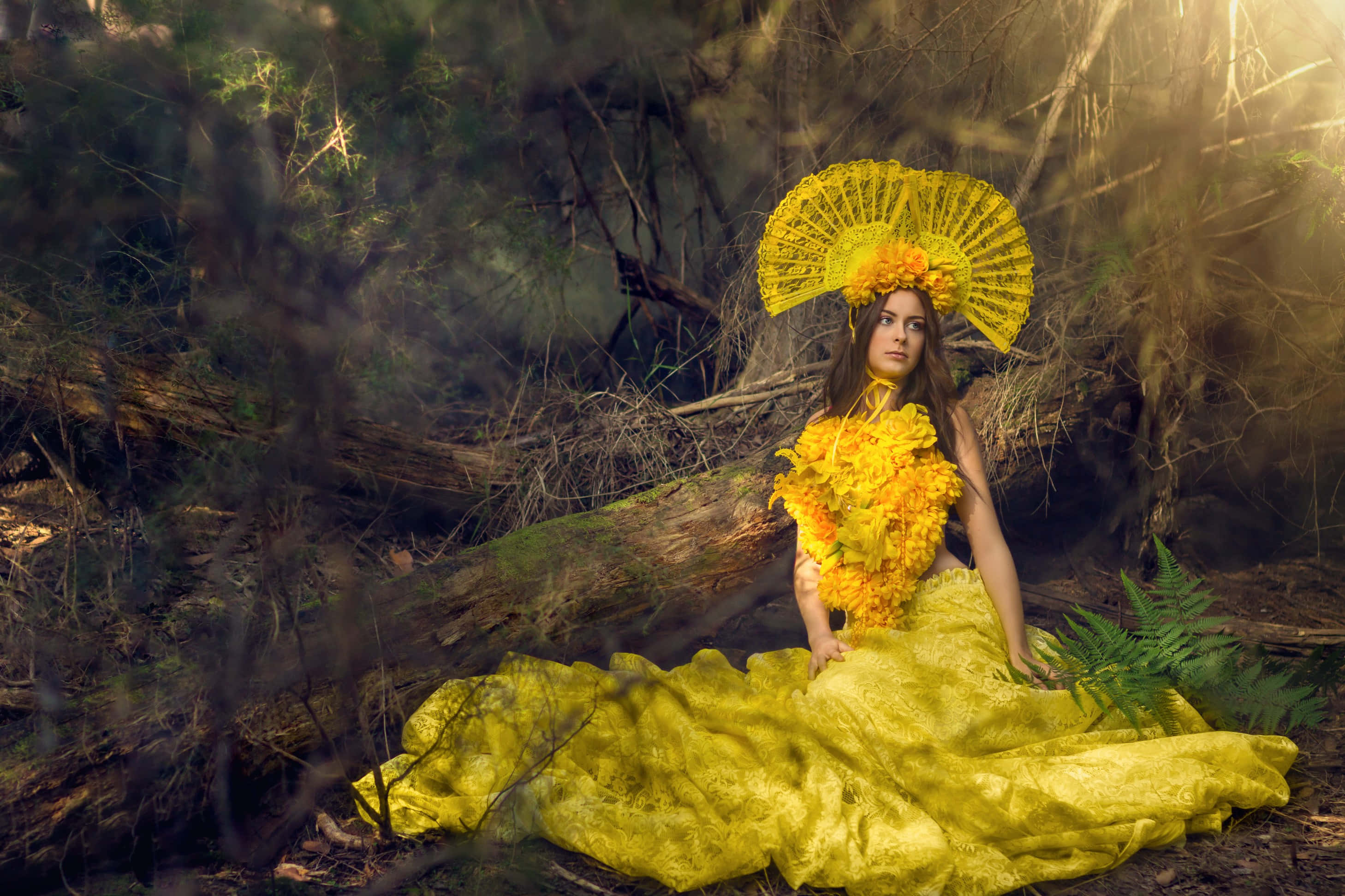 Yellow Dress 桌布 壁紙 — 一位身穿亮麗黃色花卉長袍並手持相配扇子的女士，優雅地坐在陽光斑駁的森林地面上。