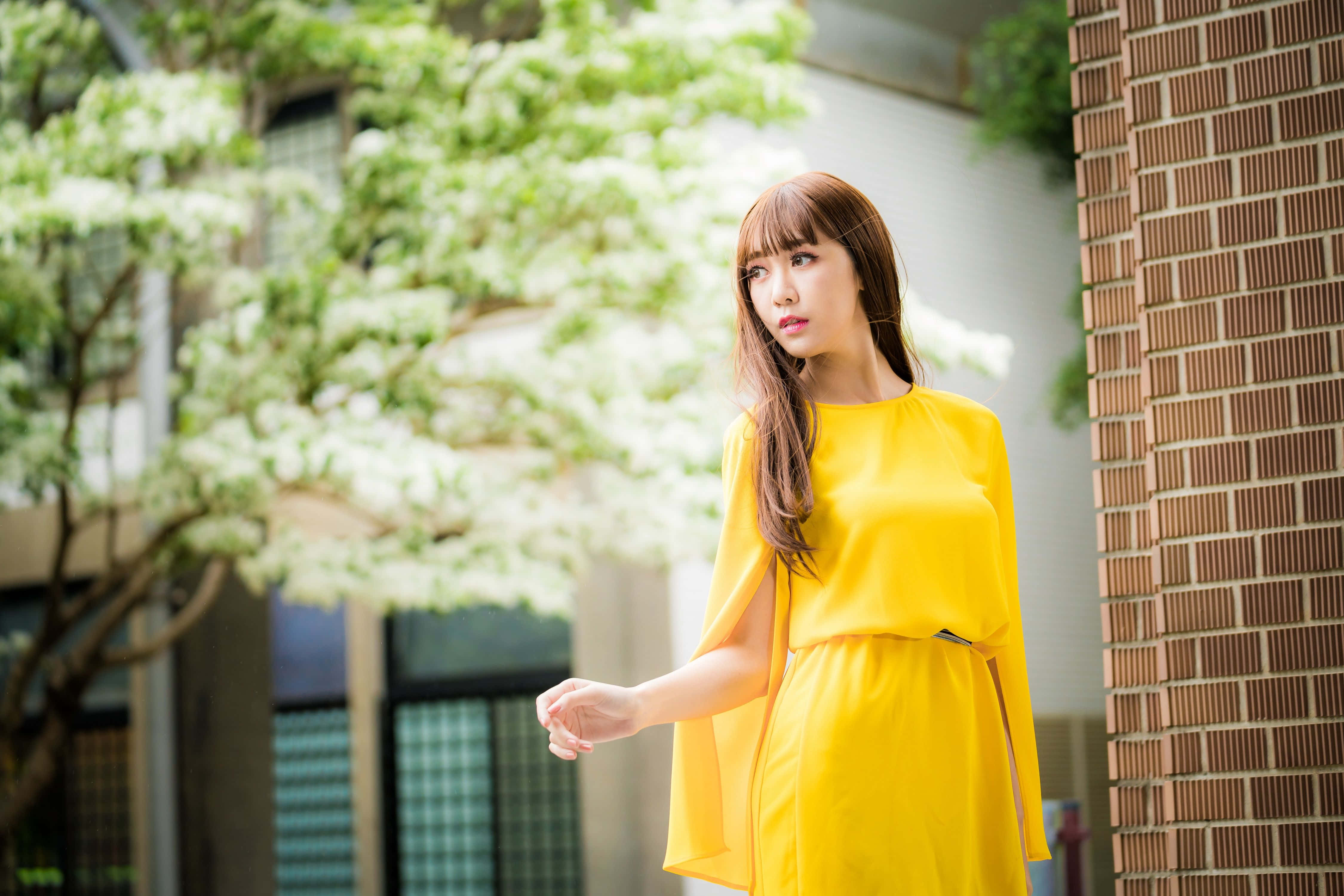 Yellow Dress 桌布 壁紙 — 一位身穿亮黃色連衣裙的女性站在磚牆旁，身後有白色開花的樹木，呈現柔和的焦點。