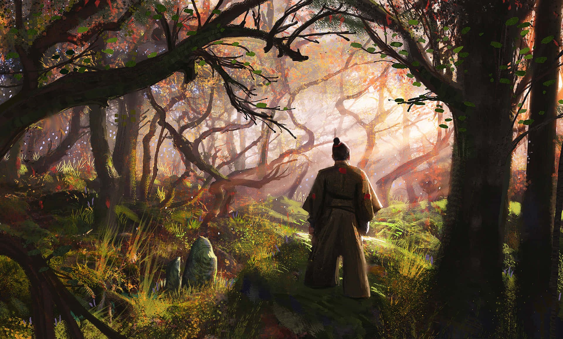 Samurai Garden 桌布 壁紙 — 一位身穿傳統服飾的孤獨武士，在迷霧籠罩的秋林中行走，金色陽光穿過扭曲的樹木灑落。