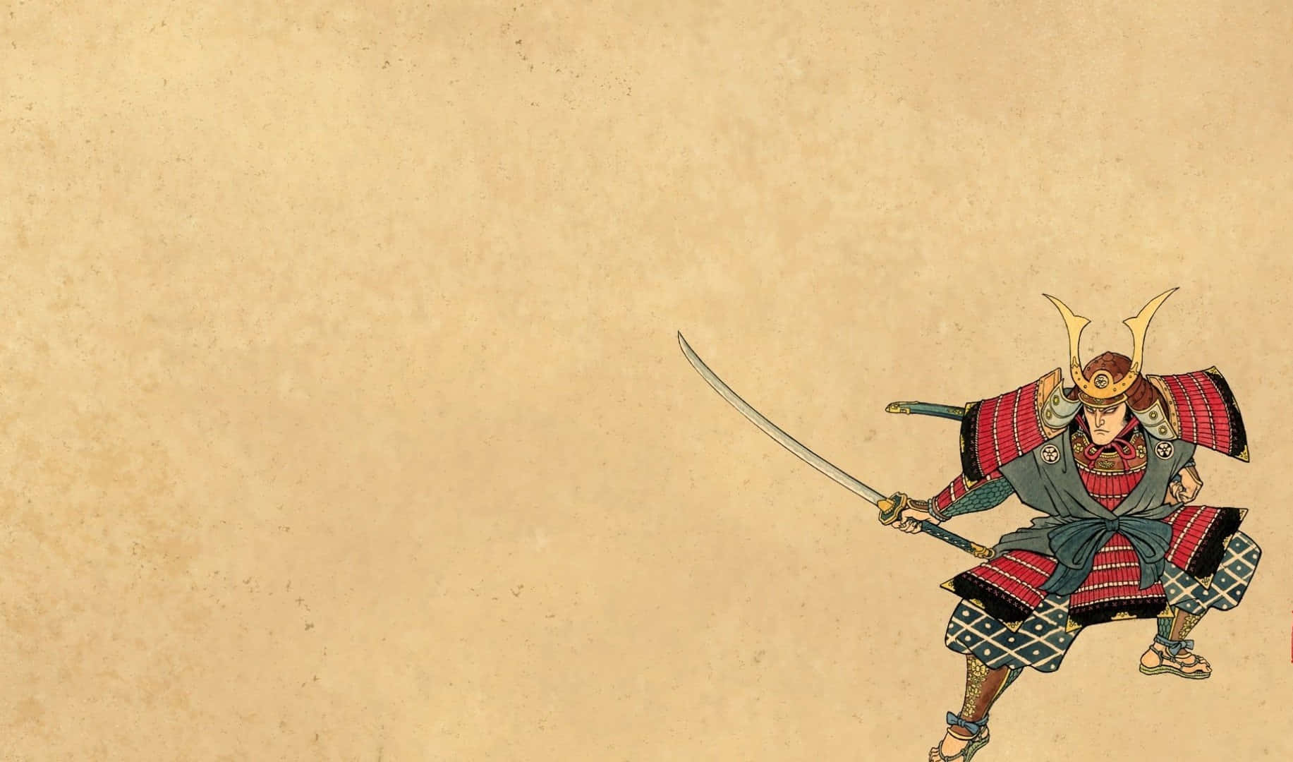 武士 桌布 壁紙 — 一位身穿傳統盔甲的武士，在陳舊羊皮紙背景上手持武士刀，擺出架勢。