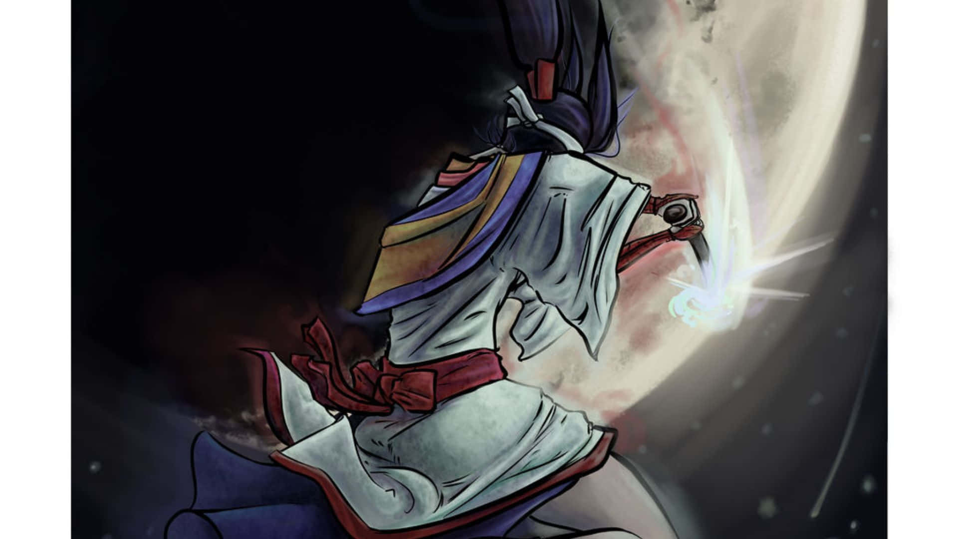 Twilight Suzuka 桌布 壁紙 — 一位身穿傳統長袍的武士戰士，在黑暗的宇宙天空中揮舞著發光的劍，對抗巨大的月亮。