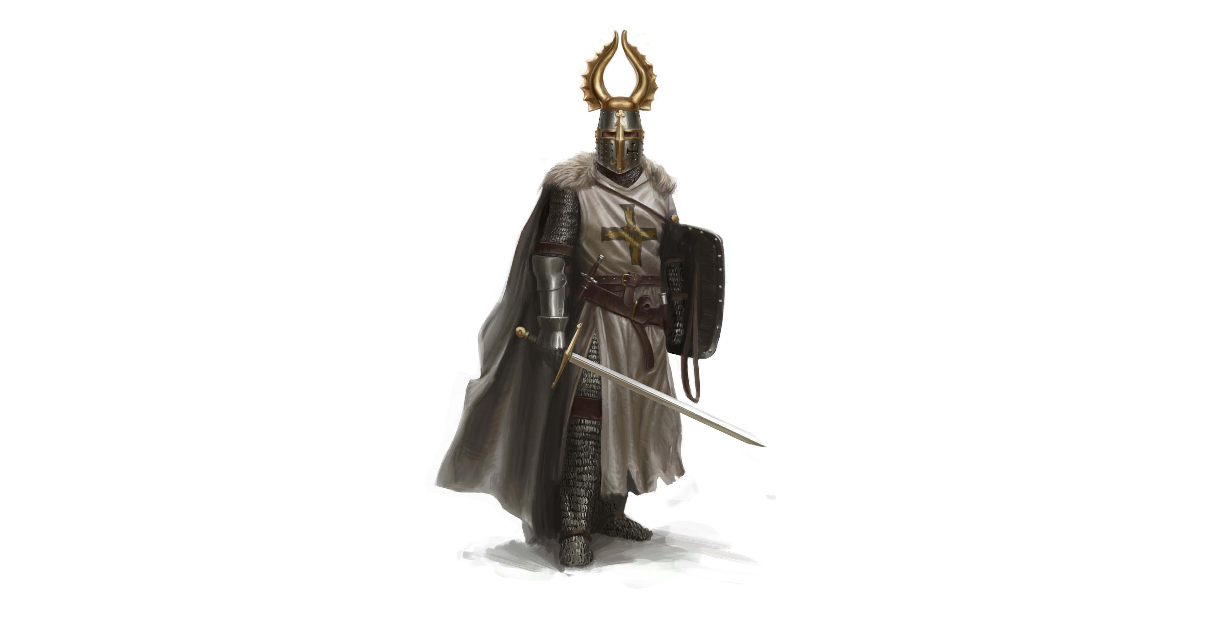 Ancient Weapons 桌布 壁紙 — 一位身穿全副盔甲、頭戴金色角盔、胸前有銀色十字架的騎士，手持劍與盾，立於純白背景前。