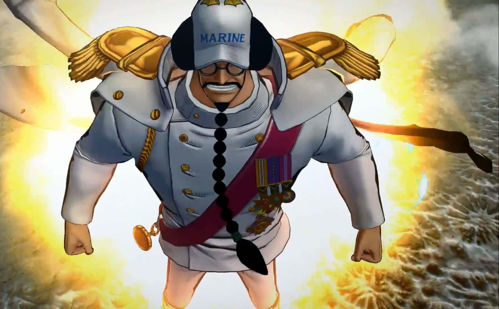 Sengoku 桌布 壁紙 — 一位身穿全套制服、強大的動畫海軍軍官，在熾熱爆炸背景下挑釁地站立。