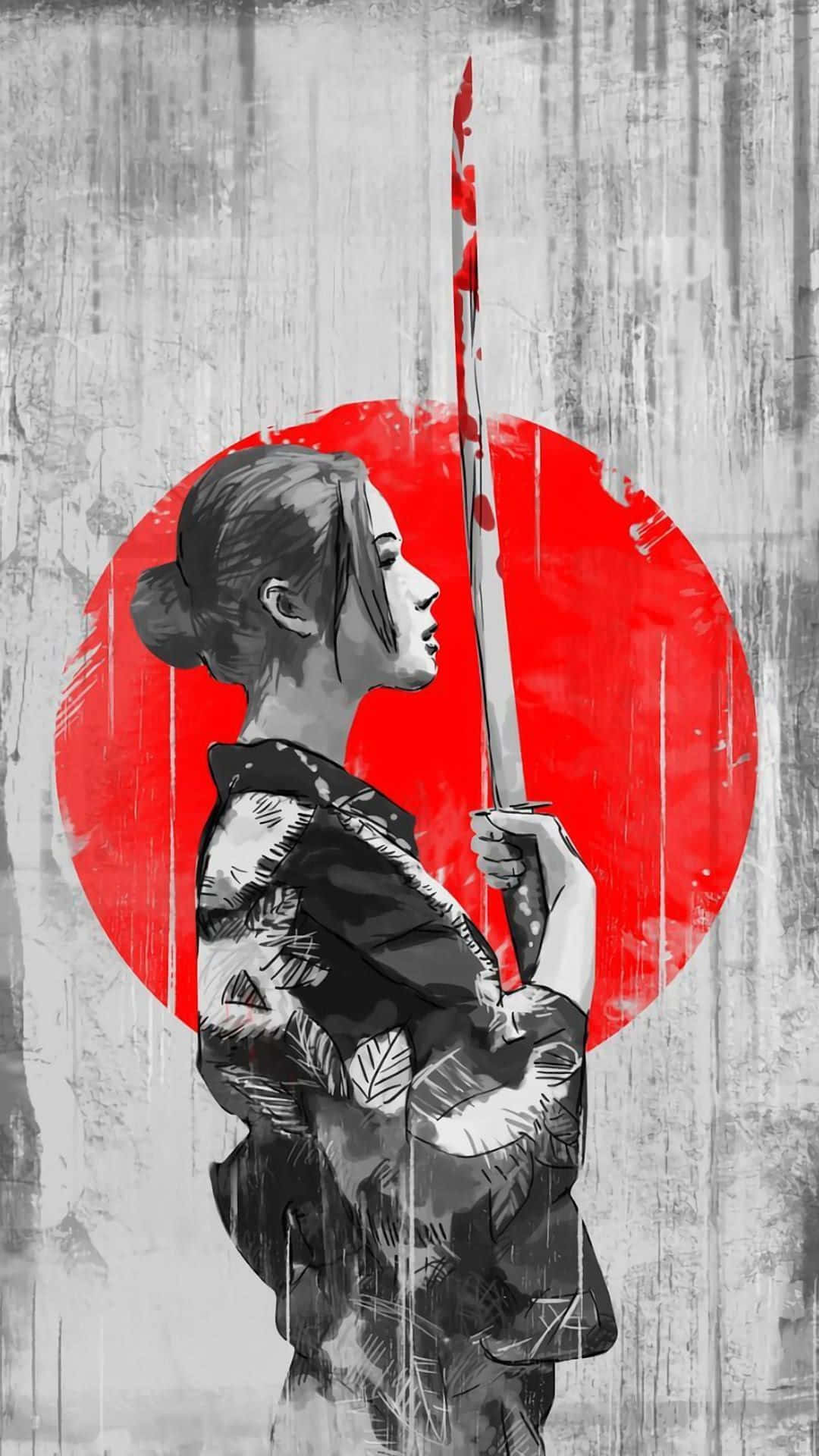 Samurai X 桌布 壁紙 — 一位身穿圖案和服的風格化女戰士，在風化的灰色背景上，手持染血之劍，對抗一個大膽的紅色圓圈。