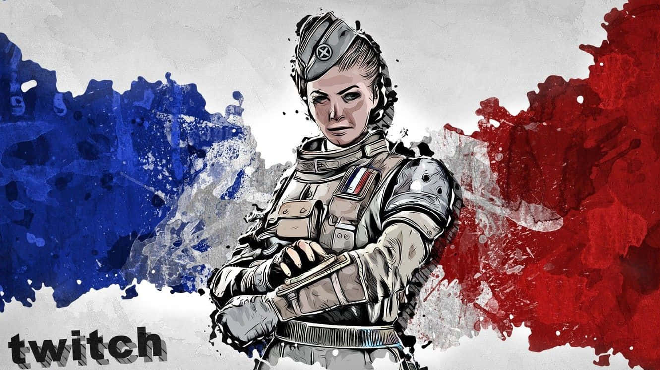 Rainbow Six Siege Twitch 桌布 壁紙 — 一位身穿戰術裝備的堅定女兵，雙臂交叉，站在大膽的紅、藍、白潑濺背景前。