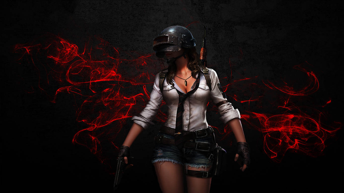 Playerunknown's Battlegrounds 桌布 壁紙 — 一位身穿戰鬥裝備的女性遊戲玩家站在黑暗背景前，伴隨著旋轉的紅色能量效果。