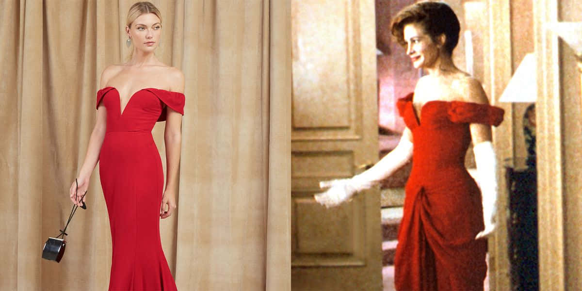 Red Clothing 桌布 壁紙 — 一位身穿搶眼紅色露肩長裙的女性優雅地站在窗簾旁，另一位穿著類似裙子的女性在優雅的門口微笑。