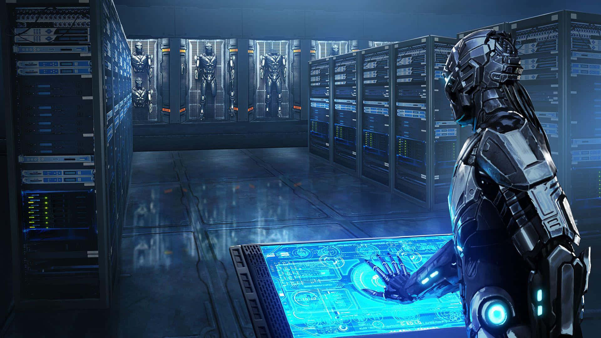 Mortal Kombat Triborg 桌布 壁紙 — 一位身穿時尚裝甲的網絡戰士，在光線昏暗、佈滿高聳科技機架的伺服器房中，與發光的藍色全息界面互動。