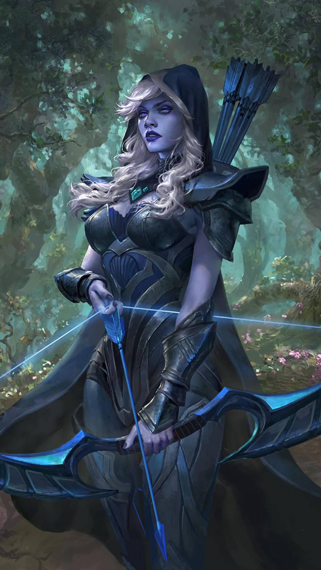 dota 2 iPhone 桌布 壁紙 — 一位身穿暗色盔甲、戴著兜帽的女弓箭手在迷霧森林中蓄勢待發，拉開發著藍光的弓，箭矢已準備就緒。