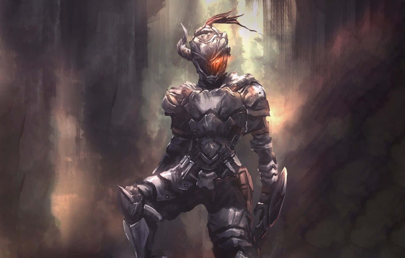 Goblin Slayer 桌布 壁紙 — 一位身穿暗色盔甲、眼睛發出橙色光芒的騎士，站在煙霧瀰漫、陰暗的森林中，手持劍與盾。