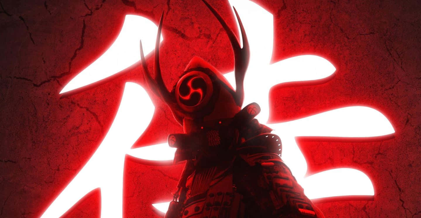 Samurai Armor 桌布 壁紙 — 一位身穿暗色盔甲、頭戴鹿角頭盔的武士站在裂牆前，面對一個發光的紅色漢字。