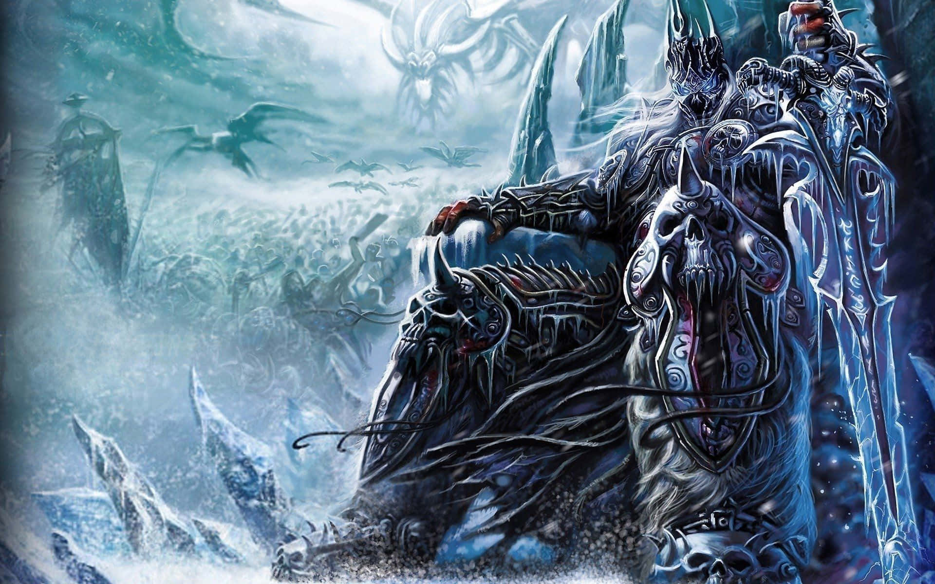 Nameless King 桌布 壁紙 — 一位身穿暗色盔甲的戰爭領主騎著骷髏戰馬，穿越冰凍的戰場，天空風暴密佈，有冰尖塔和飛行生物。