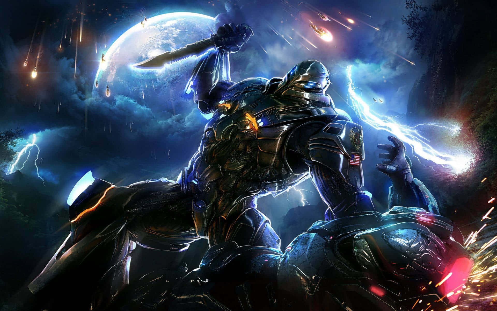 3d Gaming 桌布 壁紙 — 一位身穿暗色盔甲的未來戰士，在暴風雨的天空下揮舞著發光的劍，背景中有行星和流星。