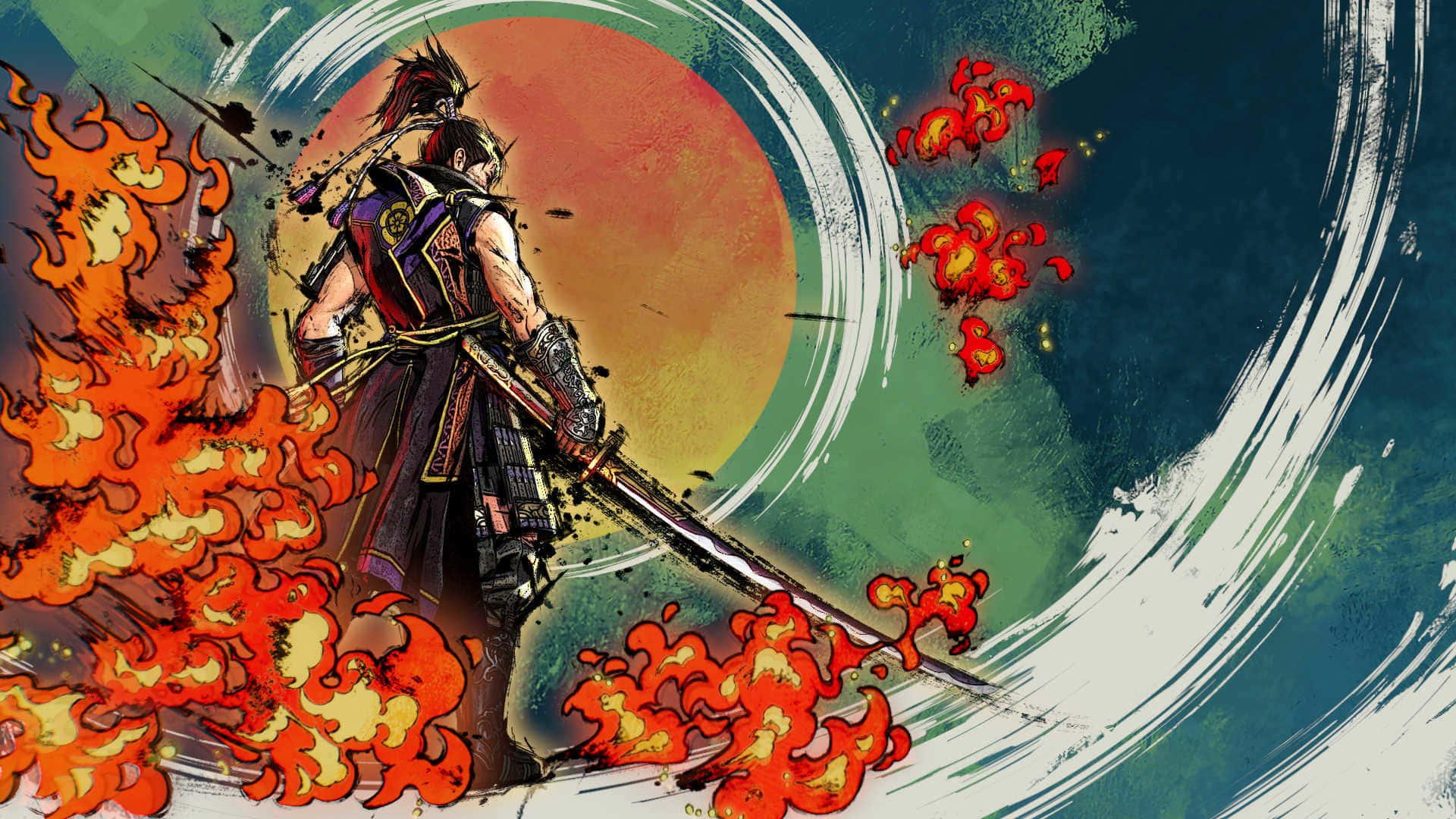 Samurai Warrior 桌布 壁紙 — 一位身穿暗色盔甲的武士戰士背對著熾熱的橙色太陽，周圍是爆炸性的火焰和動態的筆觸波浪。